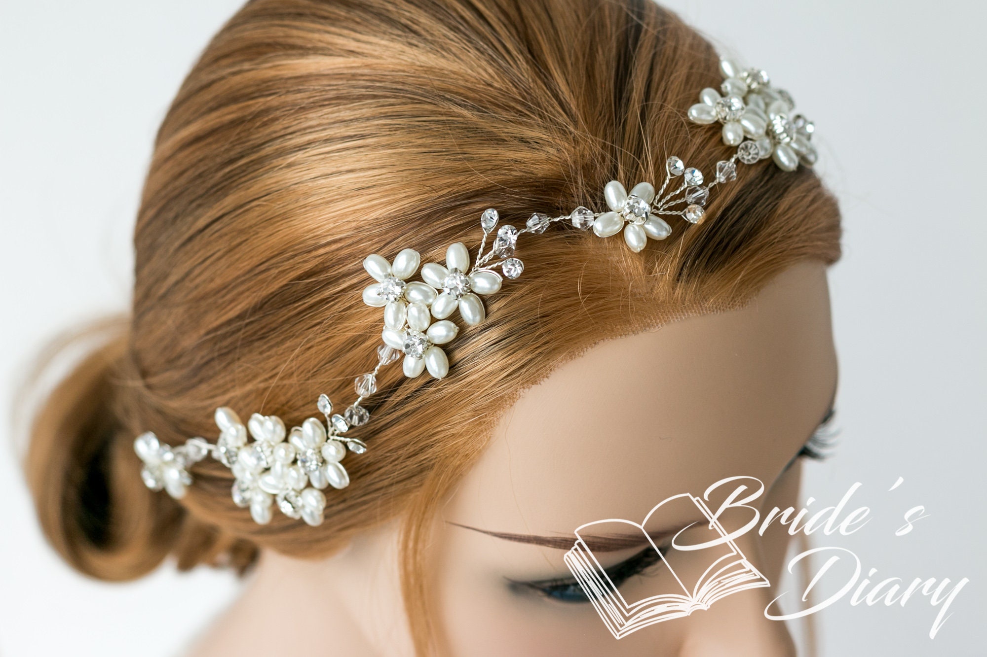 Pearls Bridal Wreath, Silver Wedding Hair Vine - Etsy display picture 1