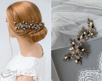 Wedding hair jewelry,  vintage bridal hair comb with pearls, antique gold vintage bridal hair comb with black pearls