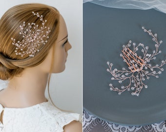 Bridal hair comb with transparent pearls, red gold wedding hair accessories, rosegold bridal hair jewelry
