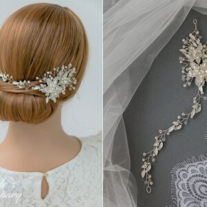 May include: Silver bridal hair comb with delicate leaves and pearl accents. The comb is shown on a model's hair and laid flat on a gray surface.