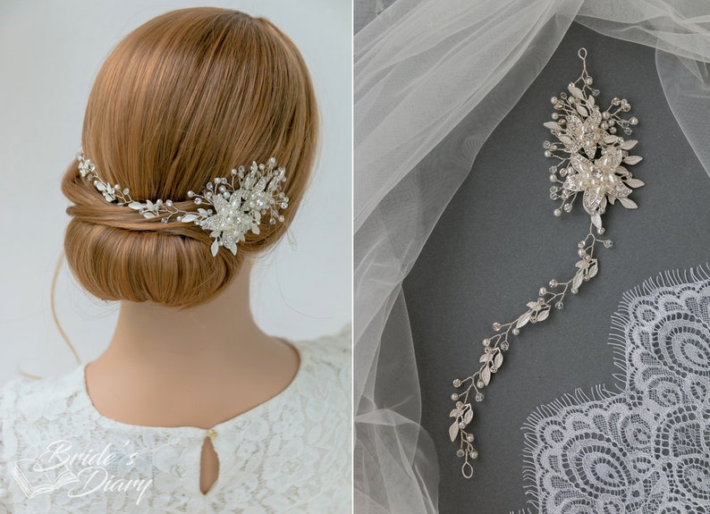 May include: Silver bridal hair comb with delicate leaves and pearl accents. The comb is shown on a model's hair and laid flat on a gray surface.