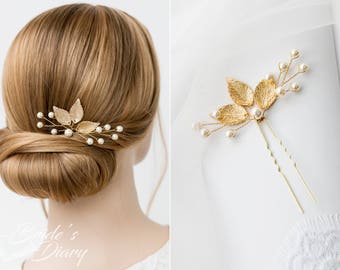 1pc Bridal hair pin, Pearl Hair pin, gold hair pins with leaves and pearls