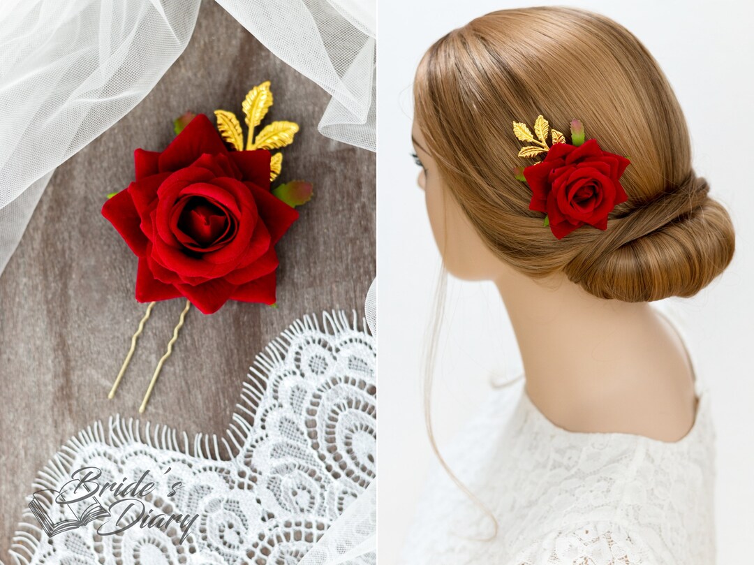 Bridal Hair Pin, Red Rose Hair Pin, Bridesmaids Golden Color Hair Pins With Red Rose Etsy