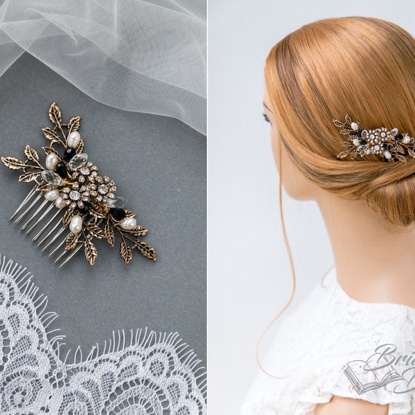 Wedding hair jewelry,  small bridal hair comb with pearls, antique gold vintage bridal hair comb with black pearls