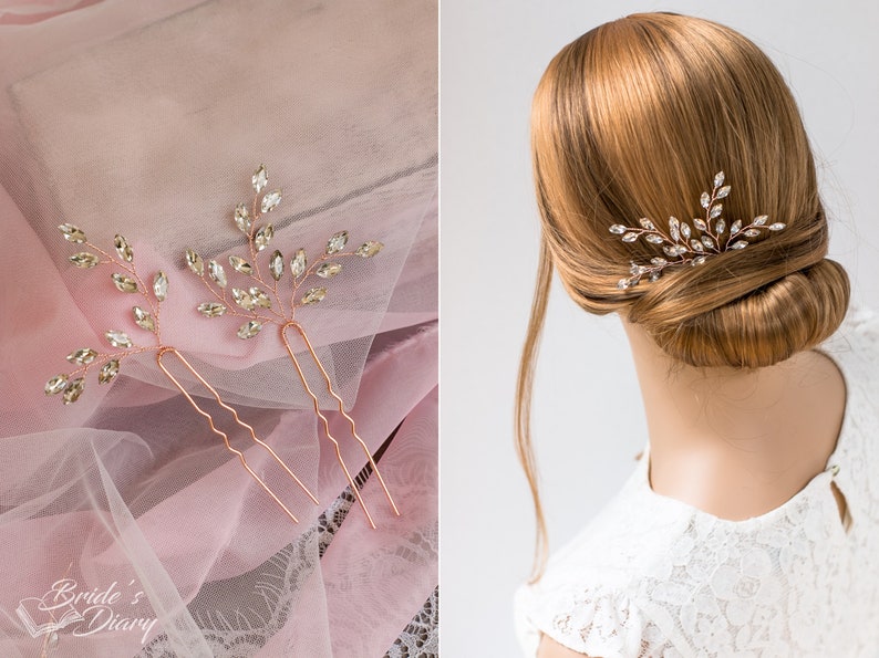 Set bridal hair vine 2 hairpins with rihinestones, Vintage bridal hairpiece set, Wedding hair jewelry image 9