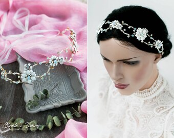 Schöner floraler Brautkranz mit Perlen und Strass,  Boho Haarschmuck Haarkranz Hochzeit, Braut Accessoires, Haardraht