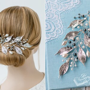 May include: Silver bridal hair comb with leaves, pearls, and dark gray beads. The comb is shown on a model's hair and on a blue background.
