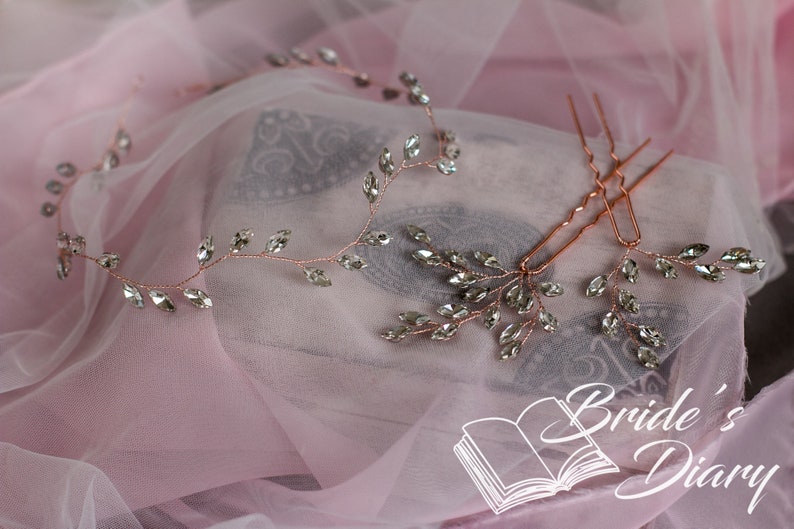 Set bridal hair vine 2 hairpins with rihinestones, Vintage bridal hairpiece set, Wedding hair jewelry image 1