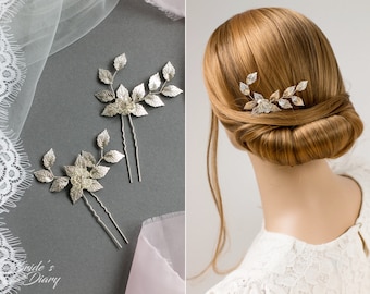 1pc Bridal hair pin, Bridal Hair pins, hair pins with leaves and flower, rose gold, gold or silver