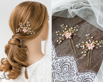 1pc Bridal hair pin, pearl hair pins, golden color hair pins with pink flowers