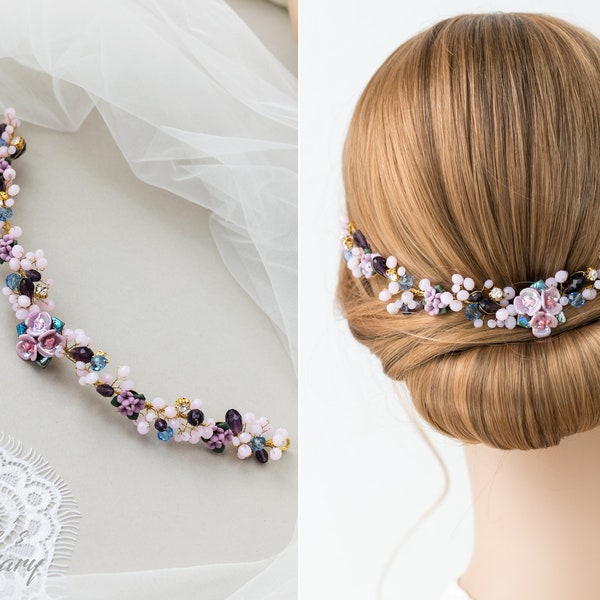 Vintage lilac bridal hair vine, wedding hairpiece, wedding hair vine with purple flowers