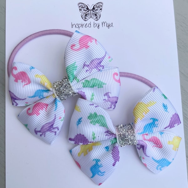 Piggy Bows, Hair Elastics, Hair Ties, Kids Hair Accessory, Pigtail Bows, Ponytail Holder, Small Baby Bow, Rainbow Dinosaurs, Ribbon Hair Bow