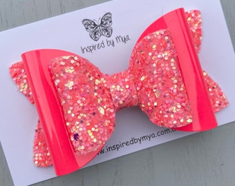 Girls Bow Hair Clip OR Baby Headband, Kids Hair Accessories, Rainbow Glitter Neon Pink Silver Sparkles, Gifts for Girls Birthday Christmas