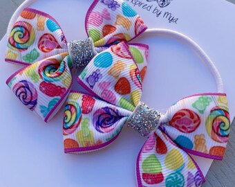 Ribbon Piggy Bows, Hair Elastics, Hair Ties, Kids Hair Accessory, Pigtail Bow, Ponytail Holders, Toddler Hair Ties, Rainbow Lollies Lollipop