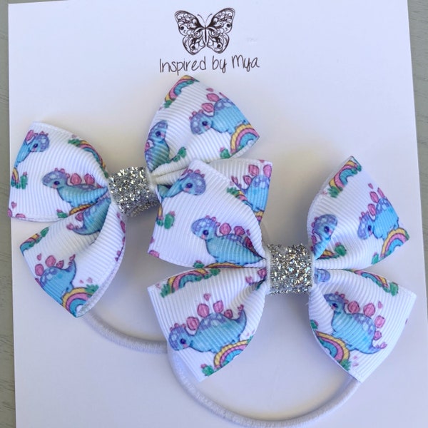 Piggy Bows, Hair Elastics, Hair Ties, Kids Hair Accessory, Pigtail Bows, Ponytail Holder, Small Baby Bow, Rainbow Dinosaurs, Ribbon Hair Bow