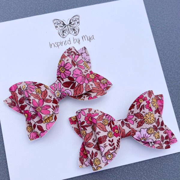 Piggy Bows Hair Clip Girls Accessories Pigtail Ponytail Small Floral Bow Dusty Pink Mustard Yellow Maroon Rust Brown Ivory Autumn Bows