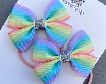 Rainbow Piggy Bows, Hair Elastics, Hair Ties, Kids Hair Accessory, Pigtail Bows, Ponytail Holders, Small Baby Bows, Pastel Toddler Hair Ties