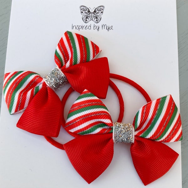 Christmas Hair Elastics, Hair Ties, Kids Hair Accessory, Piggy Bow, Ponytail Holders, Small Baby Bow, Red White Ribbon, Toddler Pigtail Bows