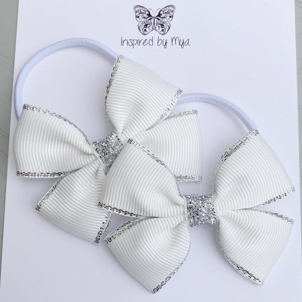 White Piggy Bows, Hair Elastics, Hair Ties, Kids Hair Accessory, Pigtail Bow, Ponytail Holders, Small Baby Bow, Silver Ribbon, Gift For Girl