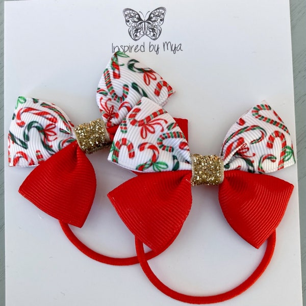 Christmas Hair Elastics, Hair Ties, Kids Hair Accessory, Piggy Bow, Ponytail Holders, Small Baby Bow, Red White Ribbon, Toddler Pigtail Bows