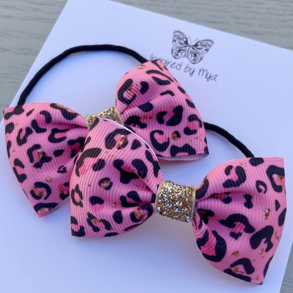 Leopard Piggy Bows, Hair Elastics, Hair Ties, Kid Hair Accessory, Pigtail Bows, Ponytail Holder, Small Baby Bows, Hot Pink Black Gold Ribbon