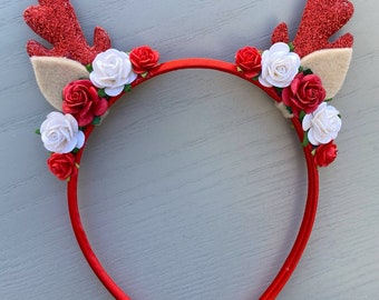 Christmas Flower Reindeer Headband, Girls Hairband, Kids Glitter Hair Accessories, Floral Flower Crown, Christmas Bows, Red Antler Headband