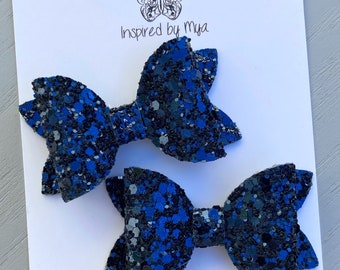 Piggy Bows, Girls Hair Clips, Kids Hair Accessories, School Pigtail Bows, Ponytail, Small Baby Clip, Navy Blue Glitter, Girls Birthday Gift