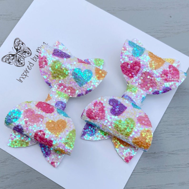 Piggy Bows, Girls Hair Clips, Kids Hair Accessories, Pigtail Bows, Ponytail, Small Baby Bow Clip, Rainbow Glitter Hearts Girls Birthday Gift image 2