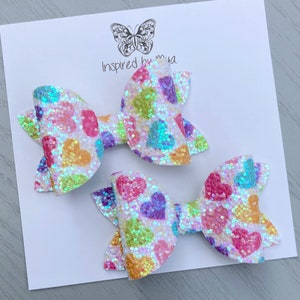 Piggy Bows, Girls Hair Clips, Kids Hair Accessories, Pigtail Bows, Ponytail, Small Baby Bow Clip, Rainbow Glitter Hearts Girls Birthday Gift image 1