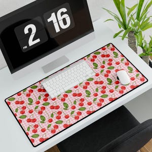 Cherry and Gingham Print Desk Mat, Vibrant Home Office Decor, Gift for Students, Fruit print Mouse Pad, Cute Desk Accessories, Gifts for her
