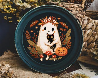 Ghost with a Cat Cross Stitch Pattern, Cute Ghost Cat Cross Stitch Pattern, Cozy Halloween x stitch, Cute Cat Ghost Cross stitch, PDF, Bat