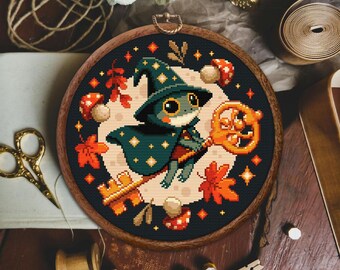 Wizard Frog Cross Stitch Pattern, Cute Frog Cross Stitch Pattern, Frog Wizard cross stitch pattern, Frog Embroidery, Wizard Frog x stitch