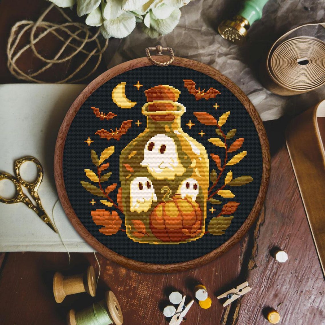 Ghost Stitching Pattern Three Ghosts in a Bottle Cross Stitch Pattern, Cute Ghosts Cross Stitch ...