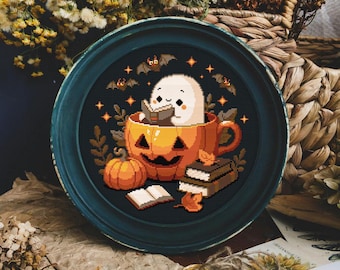 Reading Ghost in a Pumpkin Cup Cross Stitch Pattern, Reading Ghost