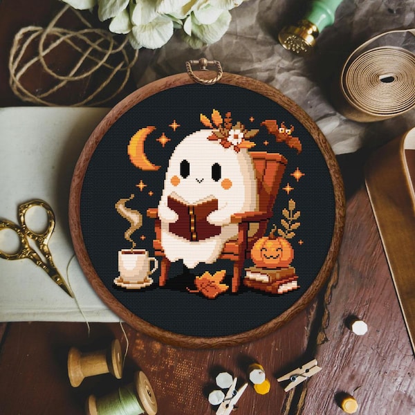 Schattig spookkruissteekpatroon, kruissteekpatroon spook lezen, Cosy Halloween x stitch, kruissteekpatroon schattig lezend spook
