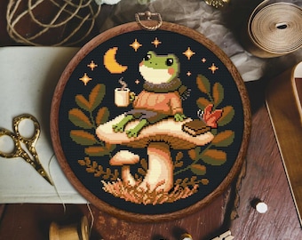 Cute Frog on a Mushroom Cross Stitch Pattern, Reading Frog Cross Stitch Pattern, Cute Frog Cross stitch, Cozy Frog with coffee x stitch, PDF