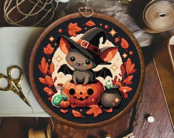 かわいいコウモリのクロスステッチパターン、カボチャコウモリのクロスステッチパターン、魔法使いコウモリのクロスステッチパターン、カボチャの中のコウモリのクロスステッチパターン、PDF