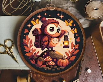 Owl Cross Stitch Pattern, Cute Owl Cross Stitch Pattern, Owl Traveler cross stitch pattern, Owl Embroidery, Traveling Owl, Owl x stitch, PDF