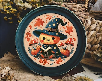 Cute Pumpkin Cross Stitch Pattern, Pumpkin reading a book Cross Stitch Pattern, Wizard Pumpkin cross stitch pattern, Pumpkin Embroidery, PDF