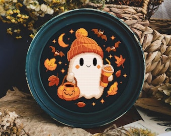 Pumpkin Spice Ghost Cross Stitch Pattern, Ghost with Pumpkin Spice Cross Stitch, Cozy Halloween x stitch, Cute Ghost in knitted hat Cross