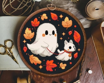 Ghost with Dog Cross Stitch Pattern, Cute Ghost Dog Cross Stitch Pattern, Cozy Halloween x stitch, Cute Dog Ghost Cross stitch pattern,Ghost