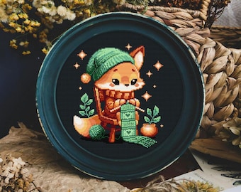 Fox Cross Stitch Pattern PDF, Cute Fox Cross Stitch Pattern, Knitting Fox Embroidery, Cozy Fox Cross stitch pattern, Fox cross stitch chart