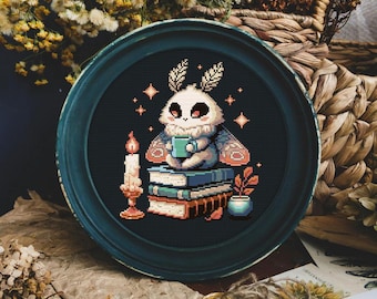Moth Cross Stitch Pattern, Moth with Coffee Cross Stitch Pattern, Cozy Moth Embroidery, Cute Moth Cross stitch pattern, Cozy Moth x stitch