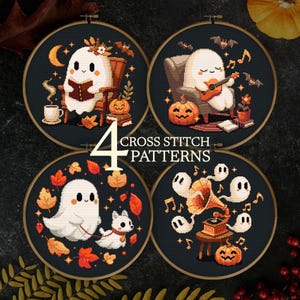 May include: Four cross-stitch patterns in embroidery hoops. Each features a cute ghost in a Halloween theme. One reads, one plays guitar, one walks a dog, and one listens to music. The text "4 CROSS STITCH PATTERNS" is in the center.