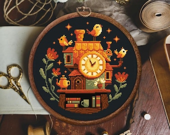 Book Tower Cross Stitch Pattern, Book Lover Cross Stitch Pattern, Cozy x stitch, Bird stitch pattern, Vintage Clock cross stitch, Cozy House