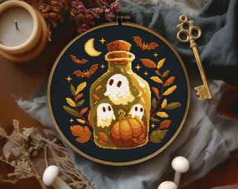 Three Ghosts in a Bottle Cross Stitch Pattern, Cute Ghosts Cross Stitch Pattern, Cozy Halloween x stitch, Halloween Cross stitch pattern,PDF