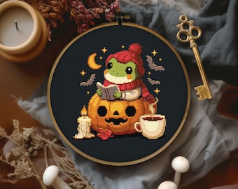 Cute Reading Frog in a Pumpkin Cross Stitch Pattern, Reading Frog Cross Stitch Pattern, Cozy Halloween x stitch, Frog in Pumpkin x stitch