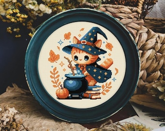 Wizard Kitten Cross Stitch Pattern, Cute Cat Cross Stitch Pattern, Cozy Cat Embroidery, Wizard Cat Cross stitch pattern, Cat Wizard x stitch