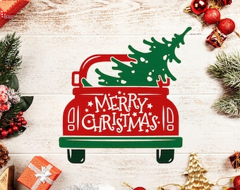 Christmas red truck svg, Merry Christmas svg, Christmas truck Svg, Vintage Truck svg, Christmas tree svg Antique Truck svg, svg for cricut