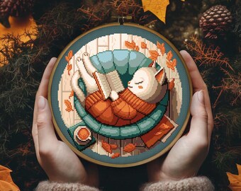 Cute Reading Cat Cross Stitch Pattern, Sleeping Cat Cross Stitch Pattern, Cozy Autumn & fall cross stitch pattern, Cat lovers x stitch